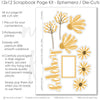Happy scrapbook die cuts and ephemera sheet featuring gold striped paper, small yellow dot pattern, mustard photo mats, cream photo mats, large daisy die cuts, and yellow coneflower die cuts. Coordinating paper embellishments for joyful memories and favorite photos.