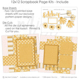 Happy scrapbook page kit includes two coordinated 12x12 printed base sheets with matching die cuts and embellishments. Designed for joyful memories and favorite photos.