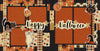 Two-page Happy Halloween 12x12 scrapbook layout featuring black background, burnt orange photo mats, cream polka dot pattern, orange plaid pattern, orange black cream argyle, and vintage Halloween character pattern. Designed for vintage Halloween memories and favorite photos.