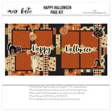 Happy Halloween 12x12 scrapbook page kit cover featuring cream polka dot pattern, orange plaid pattern, orange black cream argyle, vintage Halloween character pattern, black cat die cuts, and cream ghost die cut. A coordinated premade layout for vintage Halloween memories and favorite photos.
