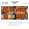 Happy Halloween 12x12 scrapbook page kit cover featuring cream polka dot pattern, orange plaid pattern, orange black cream argyle, vintage Halloween character pattern, black cat die cuts, and cream ghost die cut. A coordinated premade layout for vintage Halloween memories and favorite photos.