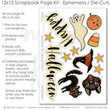 Happy Halloween scrapbook die cuts and ephemera sheet featuring orange black cream argyle, vintage Halloween character pattern, black cat die cuts, cream ghost die cut, witch hat die cut, and jack o lantern pumpkin. Coordinating paper embellishments for vintage Halloween memories and favorite photos.