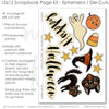 Happy Halloween scrapbook die cuts and ephemera sheet featuring orange black cream argyle, vintage Halloween character pattern, black cat die cuts, cream ghost die cut, witch hat die cut, and jack o lantern pumpkin. Coordinating paper embellishments for vintage Halloween memories and favorite photos.