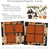 Happy Halloween scrapbook page kit includes two coordinated 12x12 printed base sheets with matching die cuts and embellishments. Designed for vintage Halloween memories and favorite photos.