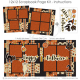 Happy Halloween 12x12 scrapbook page kit instruction image showing the completed two-page layout and placement of coordinating papers, die cuts, and photo areas. Designed for vintage Halloween memories and favorite photos.