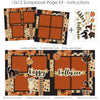 Happy Halloween 12x12 scrapbook page kit instruction image showing the completed two-page layout and placement of coordinating papers, die cuts, and photo areas. Designed for vintage Halloween memories and favorite photos.