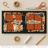 Happy Halloween scrapbook page kit shown in a memory album binder mockup with the finished two-page layout. A coordinated way to preserve vintage Halloween memories and favorite photos.