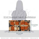 Happy Halloween 12x12 scrapbook page kit size reference image showing the scale of the coordinated two-page layout, printed papers, and embellishments for vintage Halloween memories and favorite photos.