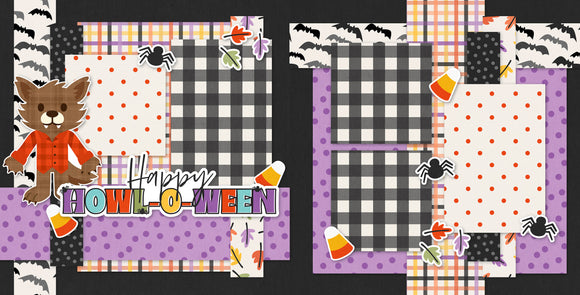 Happy Howloween scrapbook page kit — cute werewolf craft, halloween paper kit, 12x12 halloween set, layered die cut titles for themed layouts, coordinated background patterns and journaling spots, candy corn theme, seasonal scrapbook page kits and die cuts, acid-free double-sided scrapbook supplies, kids photo album, howloween kit, handmade elements for DIY photo albums, ready-to-glue title banners and photo frames, die cut set, creative accents for scrapbook storytelling
