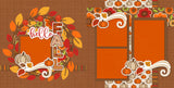 Two-page Hello Fall scrapbook layout featuring brown textured background, autumn leaf wreath, orange yellow red leaves, red berry accents, fall floral pattern, pumpkin pattern paper, orange photo mats, brown layered frames. Designed for Autumn Family Memories, Fall Scrapbook Page Kit, striped border accents, cream orange pumpkins, fall leaf die cuts, swirling cream flourishes, hello script title, patterned FALL letters, warm harvest palette, green orange red flowers.