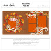 Hello Fall 12x12 scrapbook page kit shown with autumn leaf wreath, orange yellow red leaves, red berry accents, fall floral pattern, pumpkin pattern paper, orange photo mats, brown layered frames, striped border accents. Designed for Fall Scrapbook Page Kit, Autumn Scrapbook Layout Kit, cream orange pumpkins, fall leaf die cuts, swirling cream flourishes, hello script title, patterned FALL letters, warm harvest palette, green orange red flowers, brown textured background.