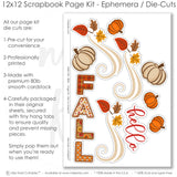 Coordinated Hello Fall memory-keeping layout with orange yellow red leaves, red berry accents, fall floral pattern, pumpkin pattern paper, orange photo mats, brown layered frames, striped border accents, cream orange pumpkins. Designed for Autumn Scrapbook Layout Kit, Pumpkin Scrapbook Page Kit, fall leaf die cuts, swirling cream flourishes, hello script title, patterned FALL letters, warm harvest palette, green orange red flowers, brown textured background, autumn leaf wreath.