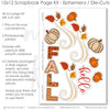Coordinated Hello Fall memory-keeping layout with orange yellow red leaves, red berry accents, fall floral pattern, pumpkin pattern paper, orange photo mats, brown layered frames, striped border accents, cream orange pumpkins. Designed for Autumn Scrapbook Layout Kit, Pumpkin Scrapbook Page Kit, fall leaf die cuts, swirling cream flourishes, hello script title, patterned FALL letters, warm harvest palette, green orange red flowers, brown textured background, autumn leaf wreath.