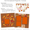 Detailed Hello Fall scrapbook design featuring red berry accents, fall floral pattern, pumpkin pattern paper, orange photo mats, brown layered frames, striped border accents, cream orange pumpkins, fall leaf die cuts. Designed for Pumpkin Scrapbook Page Kit, Fall Family Scrapbook Pages, swirling cream flourishes, hello script title, patterned FALL letters, warm harvest palette, green orange red flowers, brown textured background, autumn leaf wreath, orange yellow red leaves.