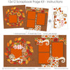 Finished Hello Fall photo layout showing fall floral pattern, pumpkin pattern paper, orange photo mats, brown layered frames, striped border accents, cream orange pumpkins, fall leaf die cuts, swirling cream flourishes. Designed for Fall Family Scrapbook Pages, Autumn Family Memory Layout, hello script title, patterned FALL letters, warm harvest palette, green orange red flowers, brown textured background, autumn leaf wreath, orange yellow red leaves, red berry accents.