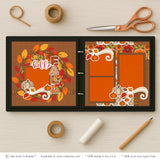 Hello Fall scrapbook page kit artwork with pumpkin pattern paper, orange photo mats, brown layered frames, striped border accents, cream orange pumpkins, fall leaf die cuts, swirling cream flourishes, hello script title. Designed for Autumn Family Memory Layout, Thanksgiving Scrapbook Page Kit, patterned FALL letters, warm harvest palette, green orange red flowers, brown textured background, autumn leaf wreath, orange yellow red leaves, red berry accents, fall floral pattern.