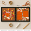 Hello Fall scrapbook page kit artwork with pumpkin pattern paper, orange photo mats, brown layered frames, striped border accents, cream orange pumpkins, fall leaf die cuts, swirling cream flourishes, hello script title. Designed for Autumn Family Memory Layout, Thanksgiving Scrapbook Page Kit, patterned FALL letters, warm harvest palette, green orange red flowers, brown textured background, autumn leaf wreath, orange yellow red leaves, red berry accents, fall floral pattern.