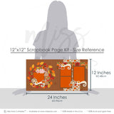 Coordinating Hello Fall papers and die cuts featuring orange photo mats, brown layered frames, striped border accents, cream orange pumpkins, fall leaf die cuts, swirling cream flourishes, hello script title, patterned FALL letters. Designed for Thanksgiving Scrapbook Page Kit, Fall Photos Scrapbook Layout, warm harvest palette, green orange red flowers, brown textured background, autumn leaf wreath, orange yellow red leaves, red berry accents, fall floral pattern, pumpkin pattern paper.