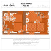 Hello Pumpkin 12x12 scrapbook page kit cover featuring dark orange dotted pattern, cream pumpkin pattern, orange pumpkin pattern, small white floral dots, bright orange photo mats, and rust orange paper blocks. A coordinated premade layout for pumpkin memories and favorite photos.