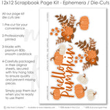 Hello Pumpkin scrapbook die cuts and ephemera sheet featuring orange pumpkin pattern, small white floral dots, bright orange photo mats, rust orange paper blocks, orange pumpkins, and white pumpkins. Coordinating paper embellishments for pumpkin memories and favorite photos.