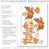 Hello Pumpkin scrapbook die cuts and ephemera sheet featuring orange pumpkin pattern, small white floral dots, bright orange photo mats, rust orange paper blocks, orange pumpkins, and white pumpkins. Coordinating paper embellishments for pumpkin memories and favorite photos.