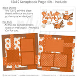 Hello Pumpkin scrapbook page kit includes two coordinated 12x12 printed base sheets with matching die cuts and embellishments. Designed for pumpkin memories and favorite photos.