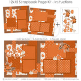 Hello Pumpkin 12x12 scrapbook page kit instruction image showing the completed two-page layout and placement of coordinating papers, die cuts, and photo areas. Designed for pumpkin memories and favorite photos.