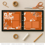 Hello Pumpkin scrapbook page kit shown in a memory album binder mockup with the finished two-page layout. A coordinated way to preserve pumpkin memories and favorite photos.