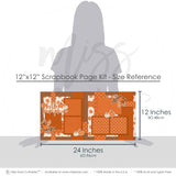 Hello Pumpkin 12x12 scrapbook page kit size reference image showing the scale of the coordinated two-page layout, printed papers, and embellishments for pumpkin memories and favorite photos.