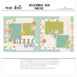 Hello World Blue 12x12 scrapbook page kit cover featuring tiny multicolor dots, pastel plaid pattern, cream grid pattern, aqua polka dots, sage green photo mats, and aqua photo mats. A coordinated premade layout for newborn memories and favorite photos.