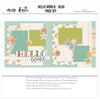 Hello World Blue 12x12 scrapbook page kit cover featuring tiny multicolor dots, pastel plaid pattern, cream grid pattern, aqua polka dots, sage green photo mats, and aqua photo mats. A coordinated premade layout for newborn memories and favorite photos.