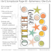 Hello World Blue scrapbook die cuts and ephemera sheet featuring cream grid pattern, aqua polka dots, sage green photo mats, aqua photo mats, orange circle die cuts, and mustard circle die cuts. Coordinating paper embellishments for newborn memories and favorite photos.