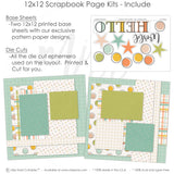 Hello World Blue scrapbook page kit includes two coordinated 12x12 printed base sheets with matching die cuts and embellishments. Designed for newborn memories and favorite photos.