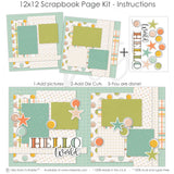 Hello World Blue 12x12 scrapbook page kit instruction image showing the completed two-page layout and placement of coordinating papers, die cuts, and photo areas. Designed for newborn memories and favorite photos.
