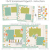 Hello World Blue 12x12 scrapbook page kit instruction image showing the completed two-page layout and placement of coordinating papers, die cuts, and photo areas. Designed for newborn memories and favorite photos.