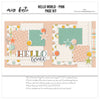 Hello World Pink 12x12 scrapbook page kit cover featuring tiny multicolor dots, pastel plaid pattern, cream grid pattern, peach polka dots, aqua polka dots, and peach photo mats. A coordinated premade layout for newborn girl memories and favorite photos.