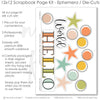 Hello World Pink scrapbook die cuts and ephemera sheet featuring cream grid pattern, peach polka dots, aqua polka dots, peach photo mats, aqua photo mats, and orange circle die cuts. Coordinating paper embellishments for newborn girl memories and favorite photos.