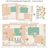 Hello World Pink 12x12 scrapbook page kit instruction image showing the completed two-page layout and placement of coordinating papers, die cuts, and photo areas. Designed for newborn girl memories and favorite photos.