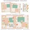 Hello World Pink 12x12 scrapbook page kit instruction image showing the completed two-page layout and placement of coordinating papers, die cuts, and photo areas. Designed for newborn girl memories and favorite photos.