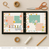 Hello World Pink scrapbook page kit shown in a memory album binder mockup with the finished two-page layout. A coordinated way to preserve newborn girl memories and favorite photos.