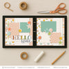 Hello World Pink scrapbook page kit shown in a memory album binder mockup with the finished two-page layout. A coordinated way to preserve newborn girl memories and favorite photos.