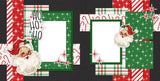 Two-page Ho Ho Ho 12x12 scrapbook layout featuring vintage Santa face, Ho Ho Ho title, red green black palette, candy cane pattern, red diagonal stripes, and red starburst pattern. Designed for Santa memories and favorite photos.