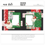 Ho Ho Ho 12x12 scrapbook page kit cover featuring red green black palette, candy cane pattern, red diagonal stripes, red starburst pattern, green starburst pattern, and red green plaid. A coordinated premade layout for Santa memories and favorite photos.