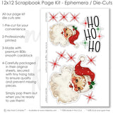Ho Ho Ho scrapbook die cuts and ephemera sheet featuring red diagonal stripes, red starburst pattern, green starburst pattern, red green plaid, black dotted background, and holly leaves. Coordinating paper embellishments for Santa memories and favorite photos.