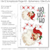 Ho Ho Ho scrapbook die cuts and ephemera sheet featuring red diagonal stripes, red starburst pattern, green starburst pattern, red green plaid, black dotted background, and holly leaves. Coordinating paper embellishments for Santa memories and favorite photos.