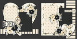 Two-page Home scrapbook layout featuring black dotted paper, cream polka dots, black polka dots, cream striped paper, black pinstripes, cream floral paper, black flower clusters, cream rose clusters. Designed for Home Memories, Home Scrapbook Page Kit, olive green leaves, large heart shape, floral heart, home title die cut, a simple life title, oval bird frame, black and cream bird, floral corner clusters, layered photo mats, neutral floral palette.