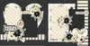 Two-page Home scrapbook layout featuring black dotted paper, cream polka dots, black polka dots, cream striped paper, black pinstripes, cream floral paper, black flower clusters, cream rose clusters. Designed for Home Memories, Home Scrapbook Page Kit, olive green leaves, large heart shape, floral heart, home title die cut, a simple life title, oval bird frame, black and cream bird, floral corner clusters, layered photo mats, neutral floral palette.