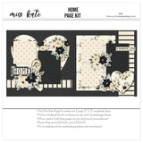 Home 12x12 scrapbook page kit shown with cream polka dots, black polka dots, cream striped paper, black pinstripes, cream floral paper, black flower clusters, cream rose clusters, olive green leaves. Designed for Home Scrapbook Page Kit, Home Memories Scrapbook Layout, large heart shape, floral heart, home title die cut, a simple life title, oval bird frame, black and cream bird, floral corner clusters, layered photo mats, neutral floral palette, black dotted paper.