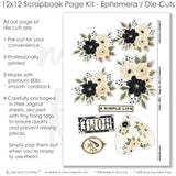 Coordinated Home memory-keeping layout with black polka dots, cream striped paper, black pinstripes, cream floral paper, black flower clusters, cream rose clusters, olive green leaves, large heart shape. Designed for Home Memories Scrapbook Layout, Family Home Scrapbook Pages, floral heart, home title die cut, a simple life title, oval bird frame, black and cream bird, floral corner clusters, layered photo mats, neutral floral palette, black dotted paper, cream polka dots.