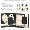 Detailed Home scrapbook design featuring cream striped paper, black pinstripes, cream floral paper, black flower clusters, cream rose clusters, olive green leaves, large heart shape, floral heart. Designed for Family Home Scrapbook Pages, New Home Scrapbook Kit, home title die cut, a simple life title, oval bird frame, black and cream bird, floral corner clusters, layered photo mats, neutral floral palette, black dotted paper, cream polka dots, black polka dots.